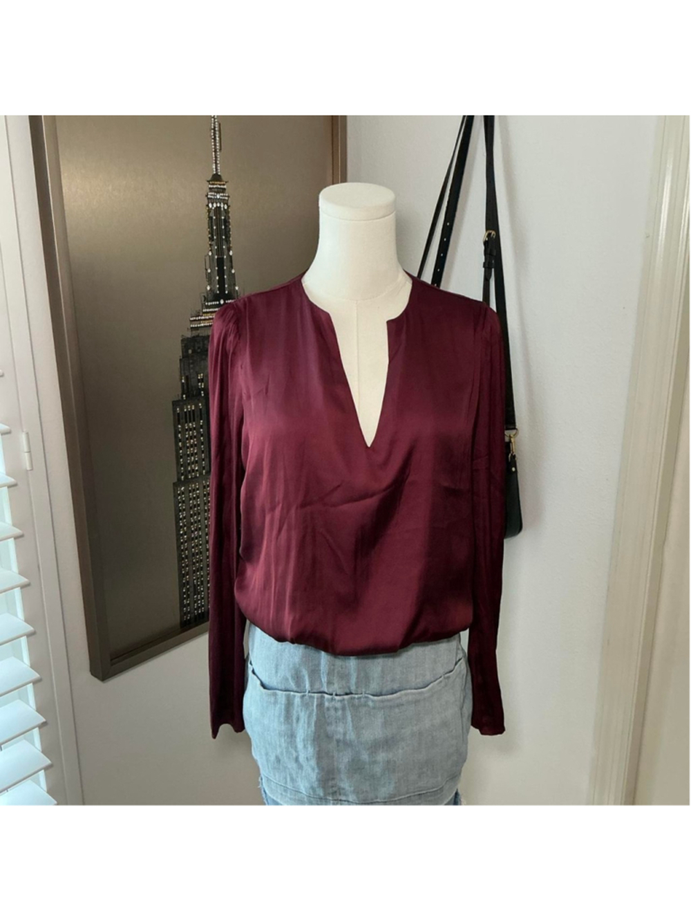 Sincerely Jules Burgundy Satin Split Neck Blouse Size Small
